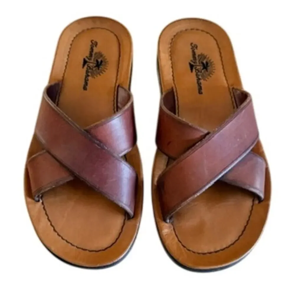 Tommy Bahama Brown Leather Cross Strap Slide Sandals Men's Size 9